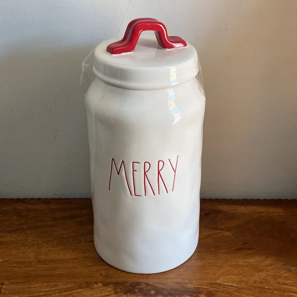 New Rae Dunn Merry Christmas Ceramic Canister Jar White Red LL